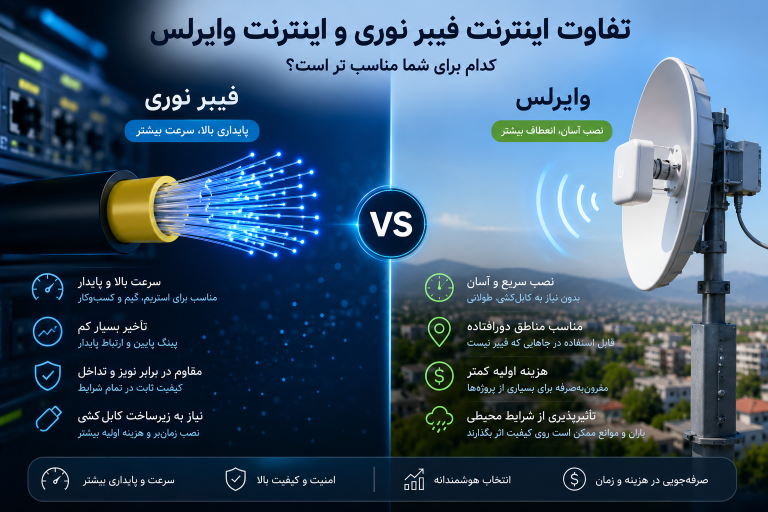 تفاوت اینترنت فیبر نوری و اینترنت وایرلس؛ کدام بهتر است؟