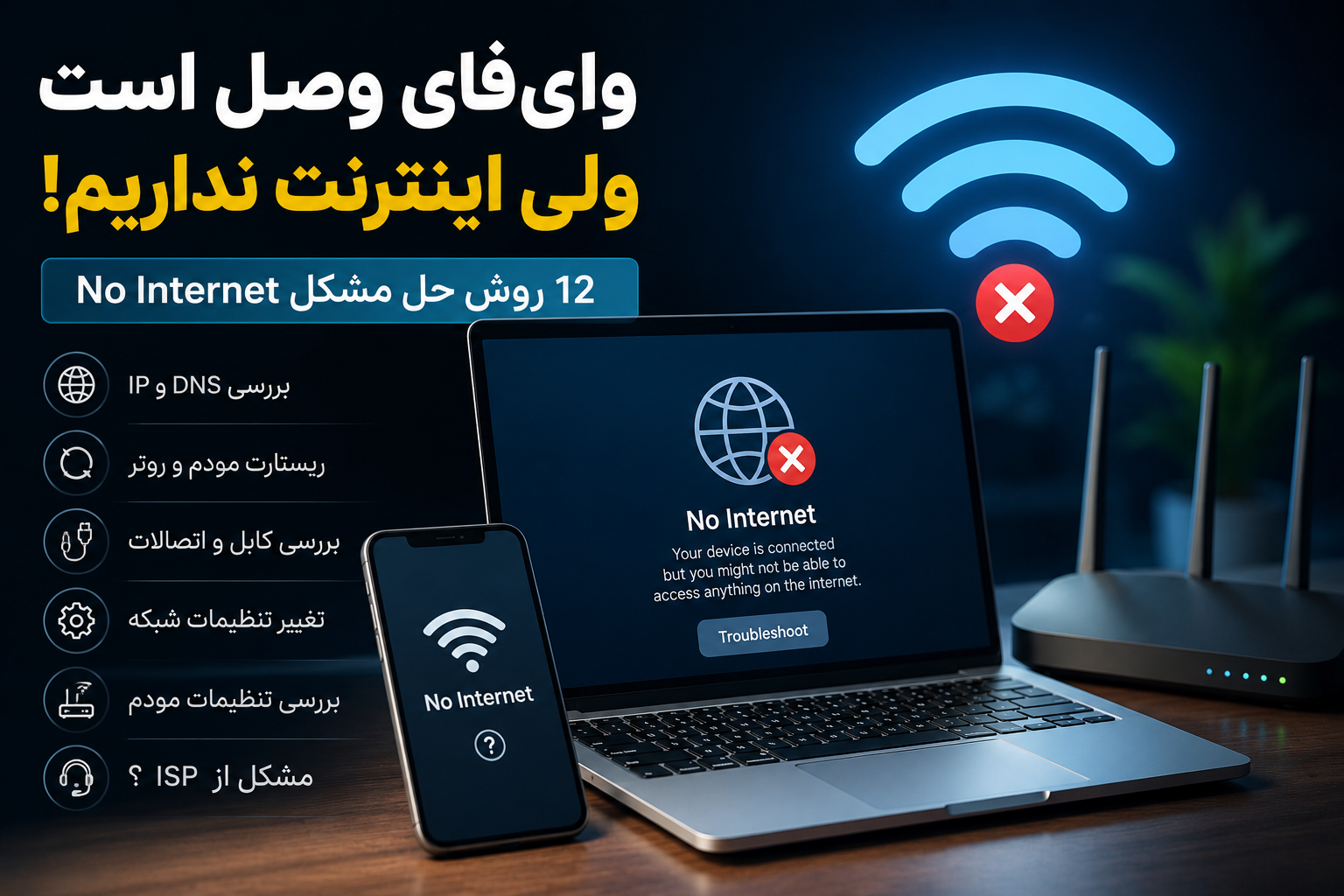 چرا وای‌فای وصل است ولی اینترنت نداریم؟ 12 روش حل مشکل No In...