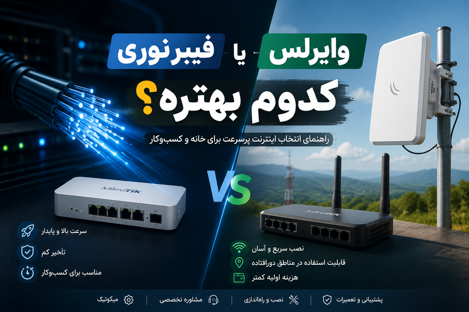 مقایسه اینترنت فیبر نوری و اینترنت وایرلس با تجهیزات میکروتیک