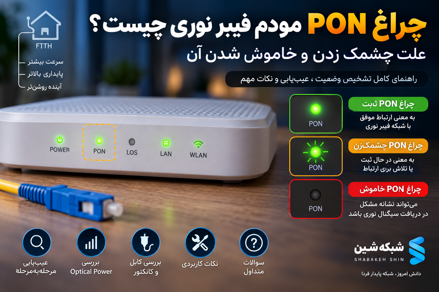 چراغ PON مودم فیبر نوری چیست؟ علت چشمک زدن و خاموش شدن آن